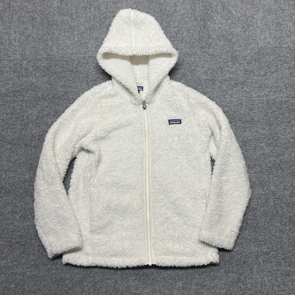 Patagonia Fleece Jacket Kids M (10) White Hooded Sherpa Full Zip Winter Warm